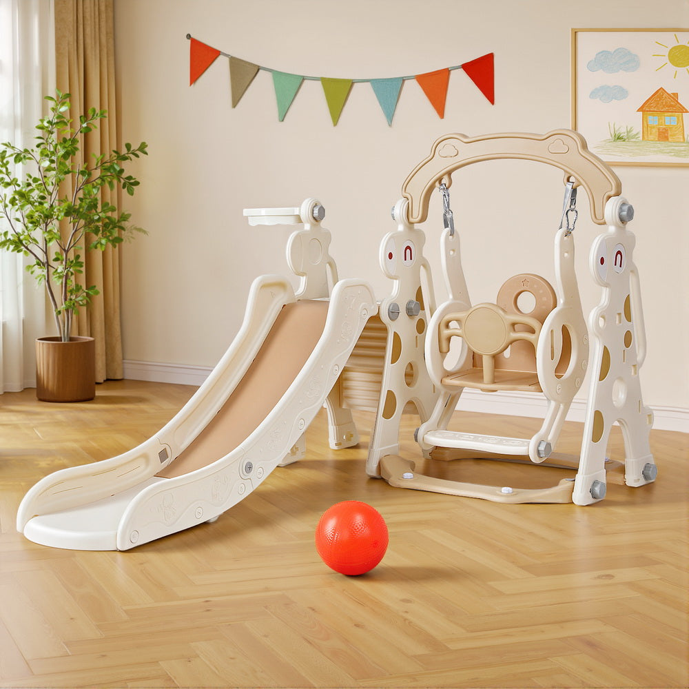 Kids Slide Swing Set with Basketball Hoop - 160cm Beige