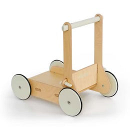 Classic Moover Baby Walker in natural wood with white wheels, ideal for supporting baby's first steps.