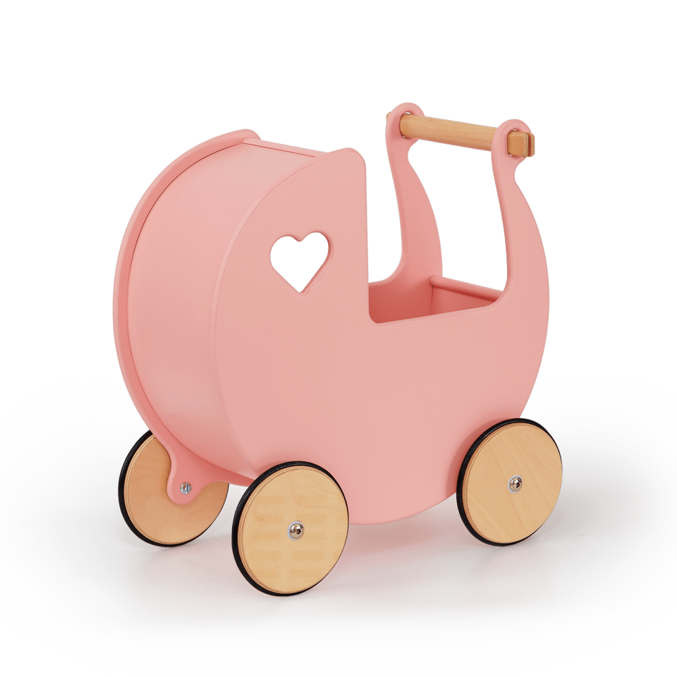 Classic pink toy pram by Moover, designed for little girls with solid rubber-lined wheels and a heart-shaped cutout.