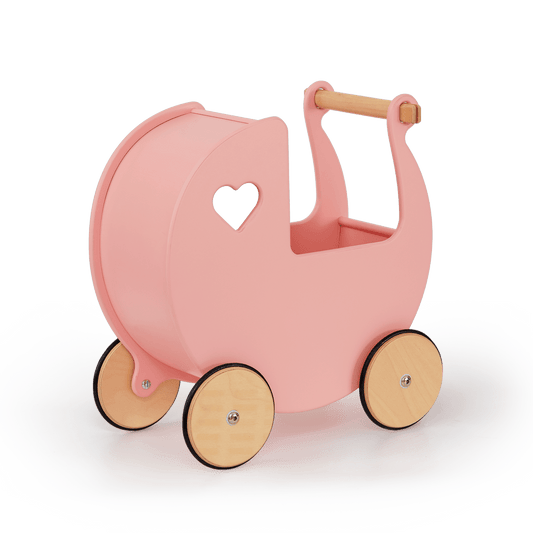 Classic pink toy pram by Moover, designed for little girls with solid rubber-lined wheels and a heart-shaped cutout.