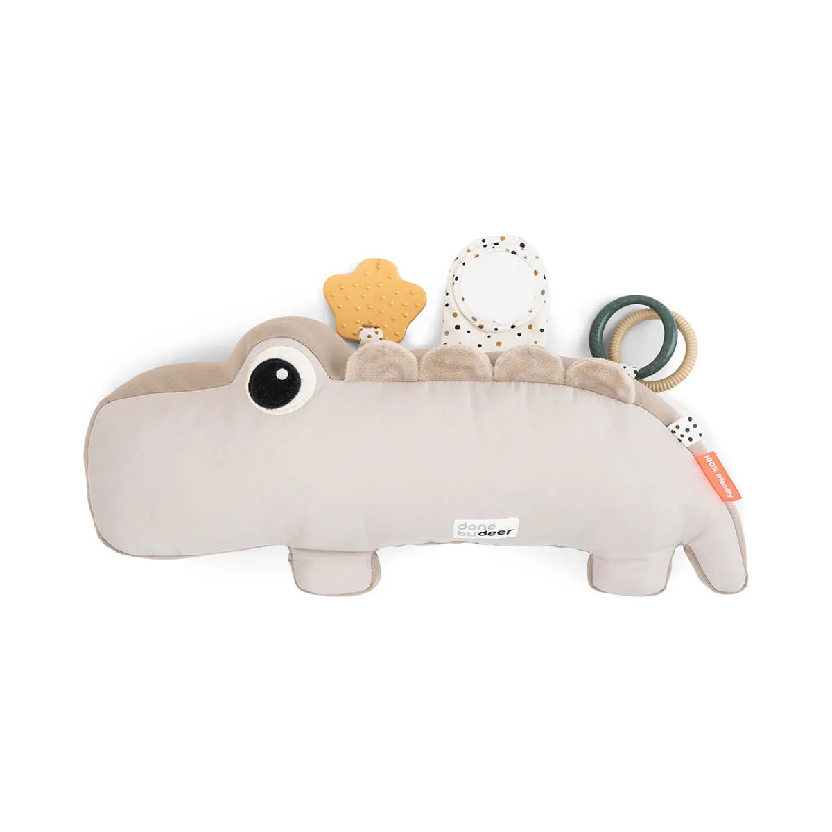 Tummy time activity toy Croco in sand, featuring sensory elements like teether and rings for babies.