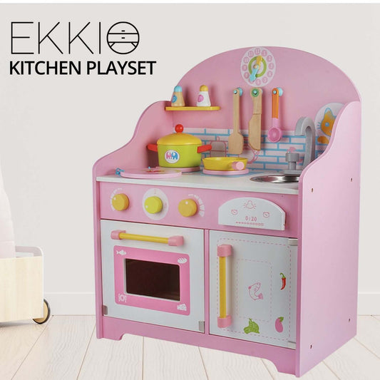Wooden Kitchen Playset for Kids with Clock - Pink