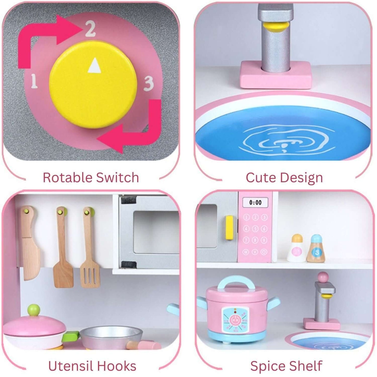 Wooden Kitchen Playset for Kids - Pink
