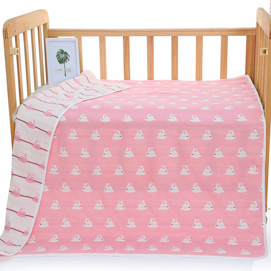 Muslin Baby Blanket - 6-Layer Soft Cotton Bedding - Pink Bunny