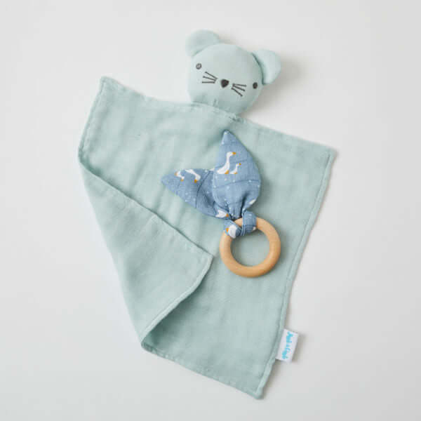Muslin Comforter & Wooden Teething Ring Set - Misty Blue
