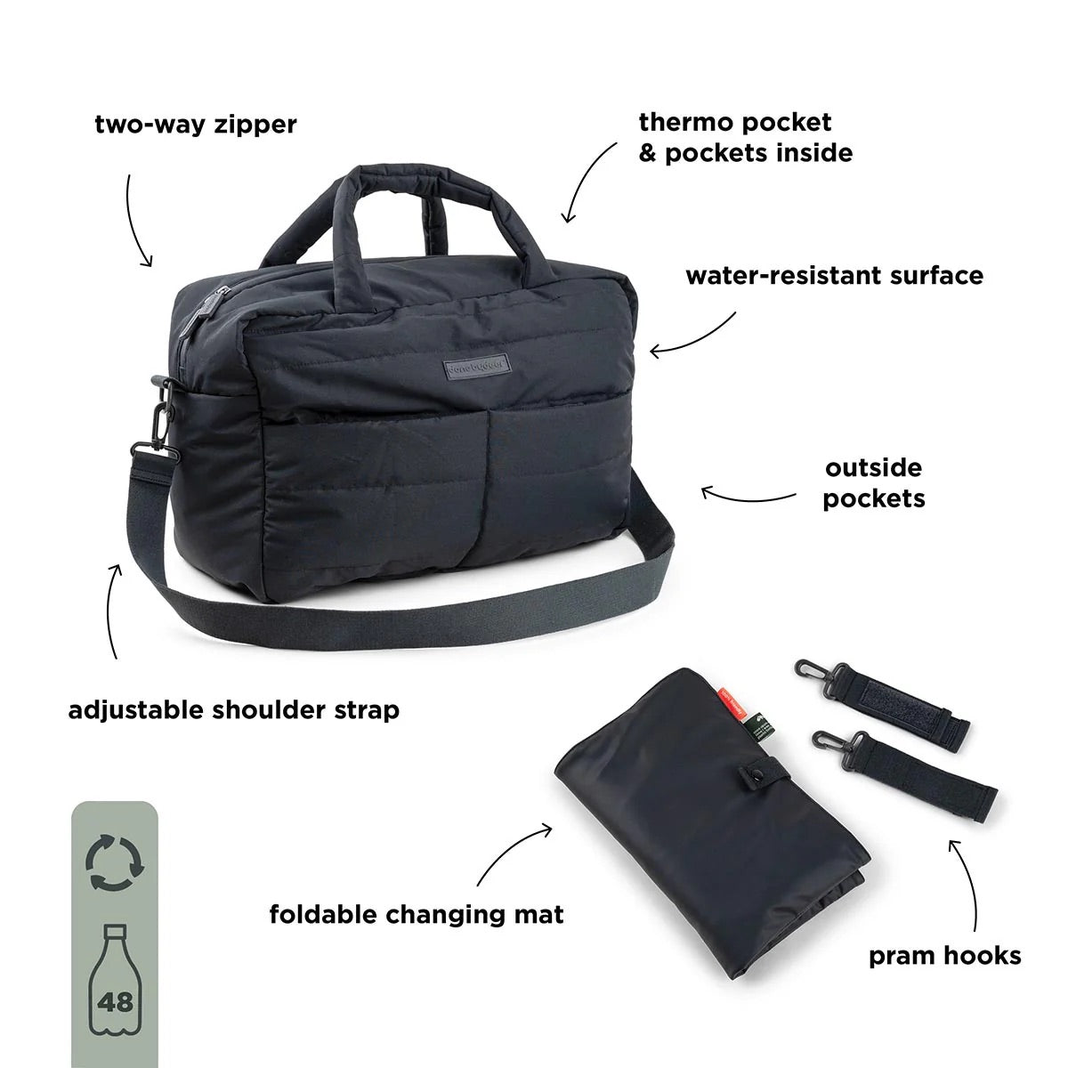 Quilted Nappy Bag - Black - Done By Deer - NEW