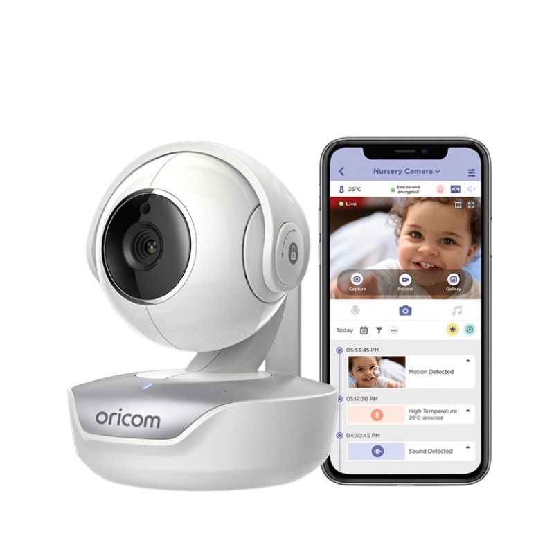 Oricom Smart HD Video Baby Monitor with motorised pan-tilt function and HubbleClub app on smartphone.