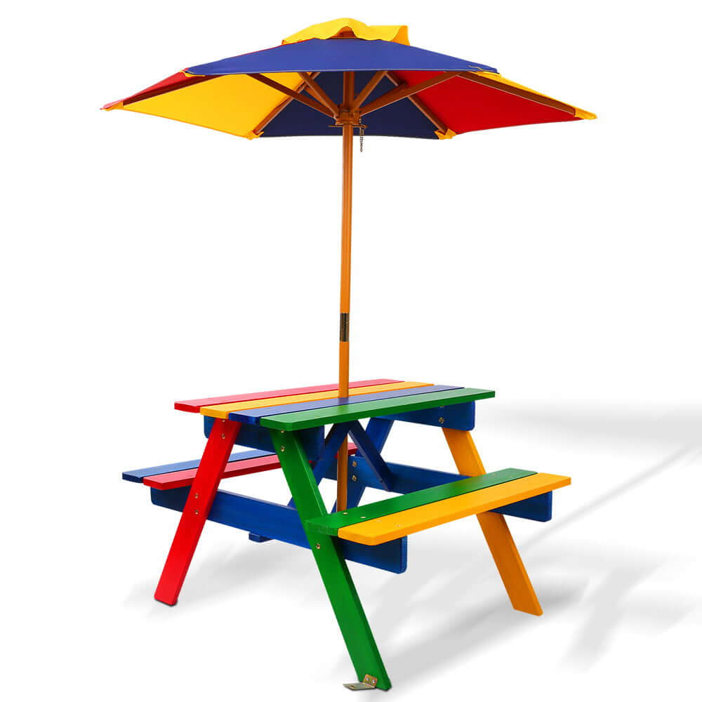 Kids Wooden Table Set with Umbrella - Multi Colour