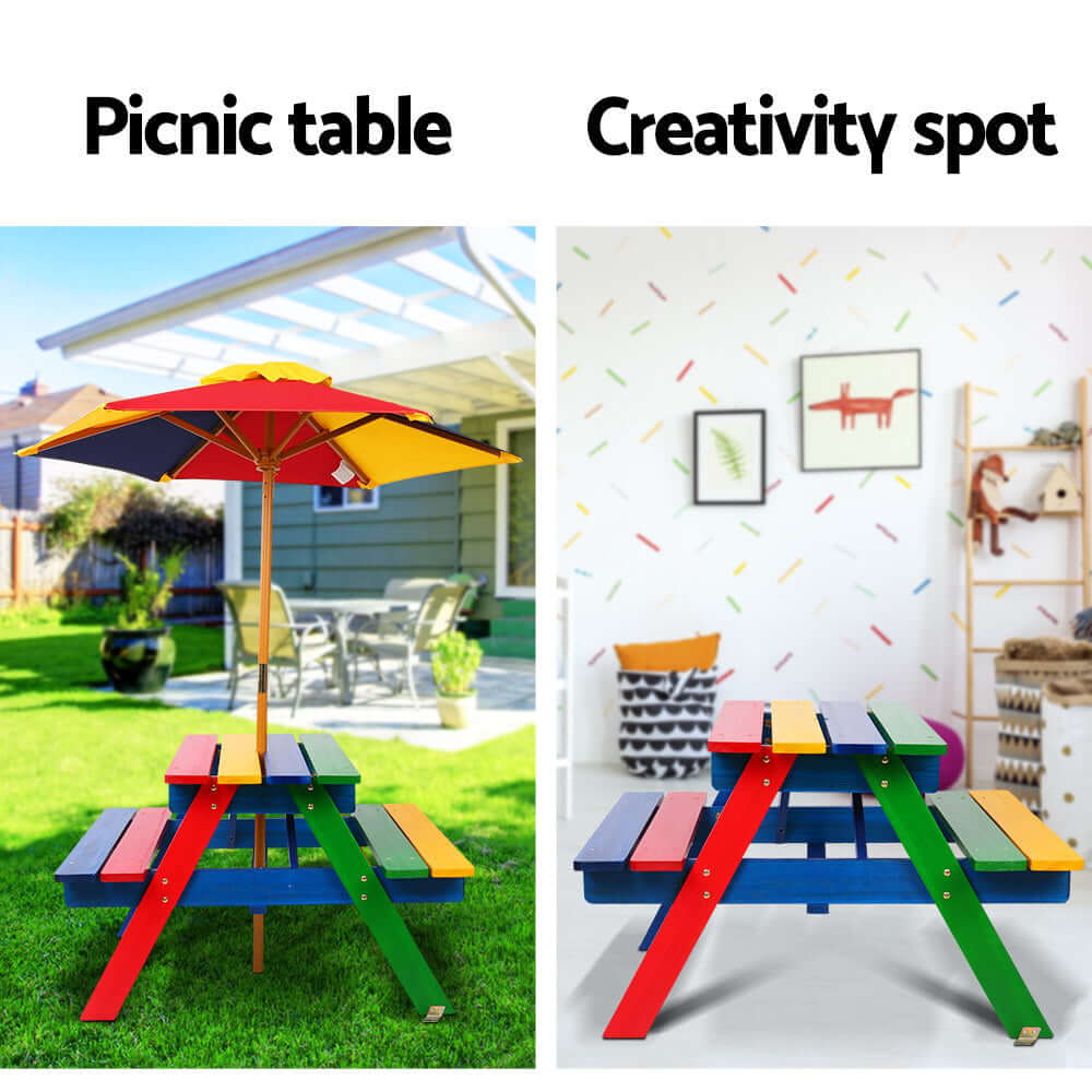 Kids Wooden Table Set with Umbrella - Multi Colour