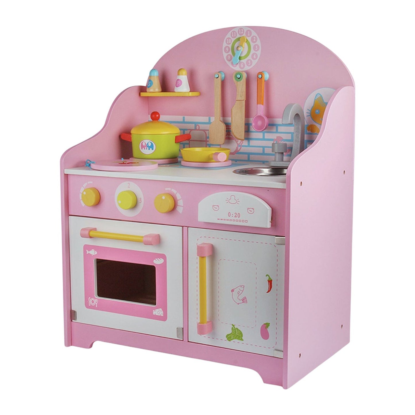 Wooden Kitchen Playset for Kids with Clock - Light Pink