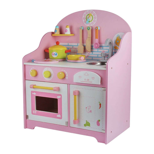 Wooden Kitchen Playset for Kids with Clock - Pink