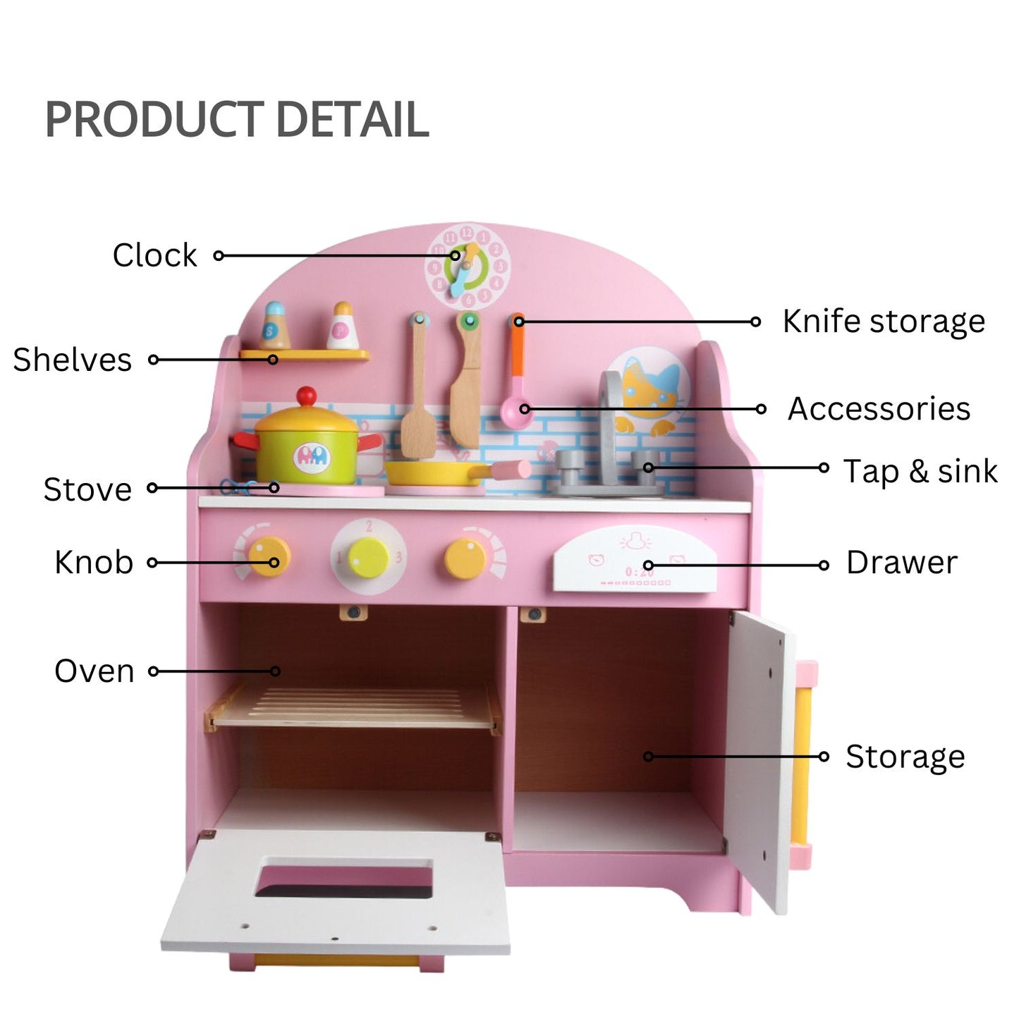 Wooden Kitchen Playset for Kids with Clock - Light Pink