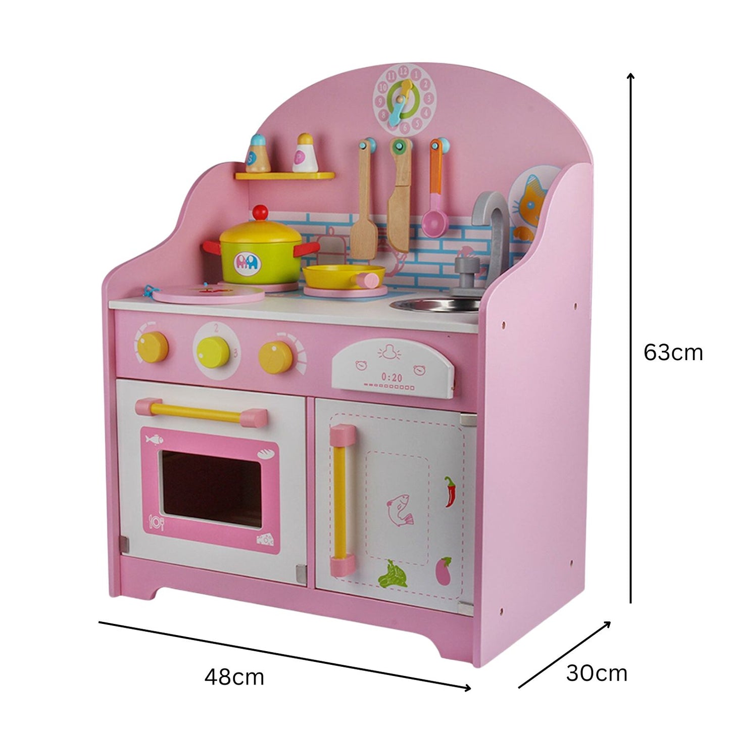 Wooden Kitchen Playset for Kids with Clock - Light Pink