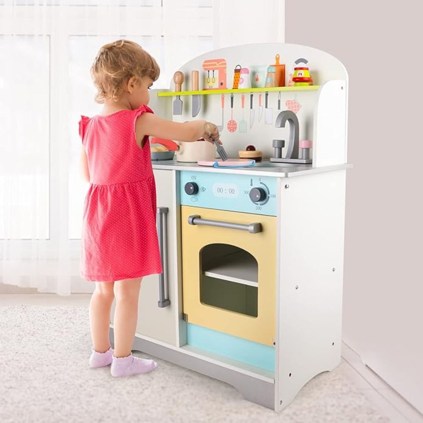 Wooden Kitchen Playset for Kids - White & Yellow