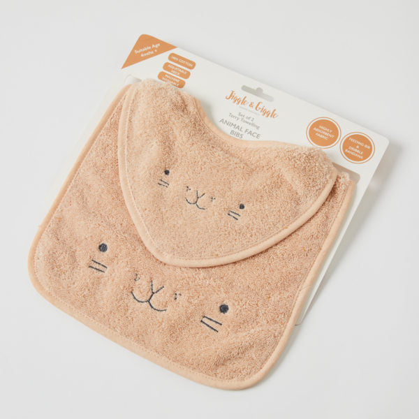 Animal Faces Terry Towelling Bibs Set of 2 – Pink Clay