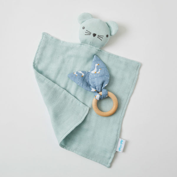 Misty Blue Double Muslin Comforter & Wooden Teething Ring