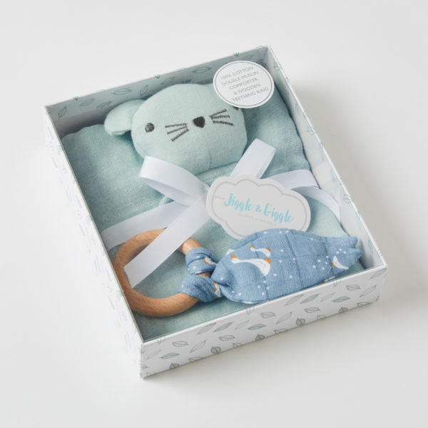 Misty Blue Double Muslin Comforter & Wooden Teething Ring