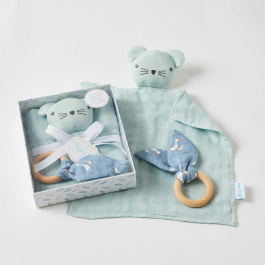 Misty Blue Double Muslin Comforter & Wooden Teething Ring