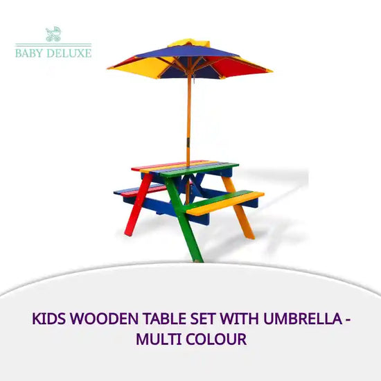 Kids Wooden Table Set with Umbrella - Multi Colour by@Outfy