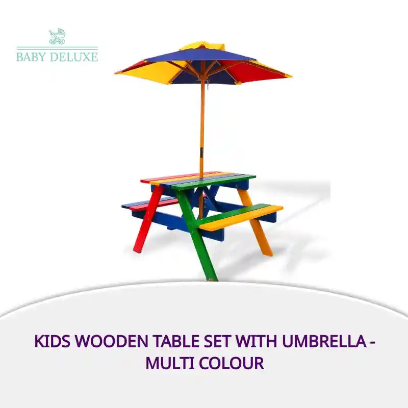 Kids Wooden Table Set with Umbrella - Multi Colour by@Outfy