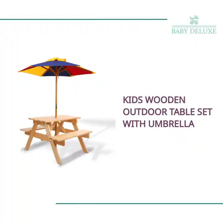 Kids Wooden Outdoor Table Set with Umbrella by@Outfy