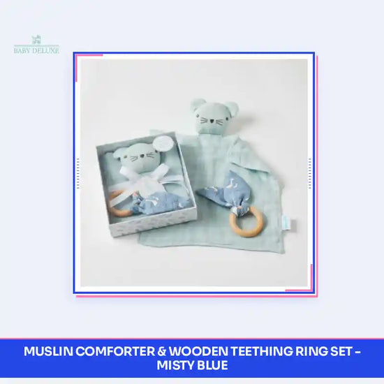 Muslin Comforter &amp; Wooden Teething Ring Set - Misty Blue by@Outfy