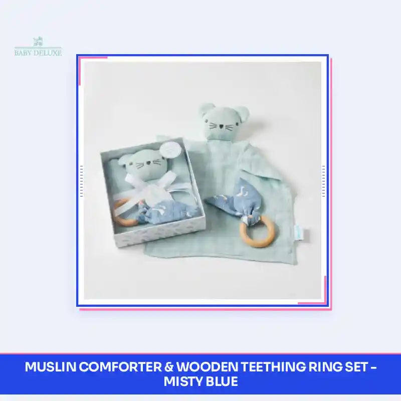 Muslin Comforter & Wooden Teething Ring Set - Misty Blue by@Outfy